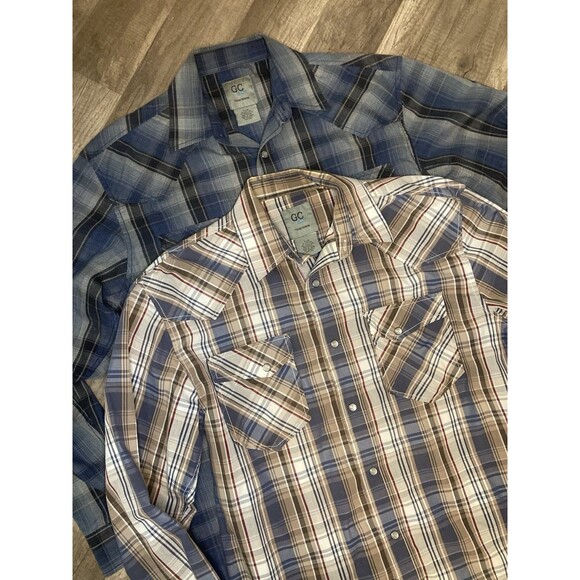 GC Blue Vintage Collection Mens M Western Shirts Lot/2 Blue Plaid Pearl Snap LS - Picture 2 of 8